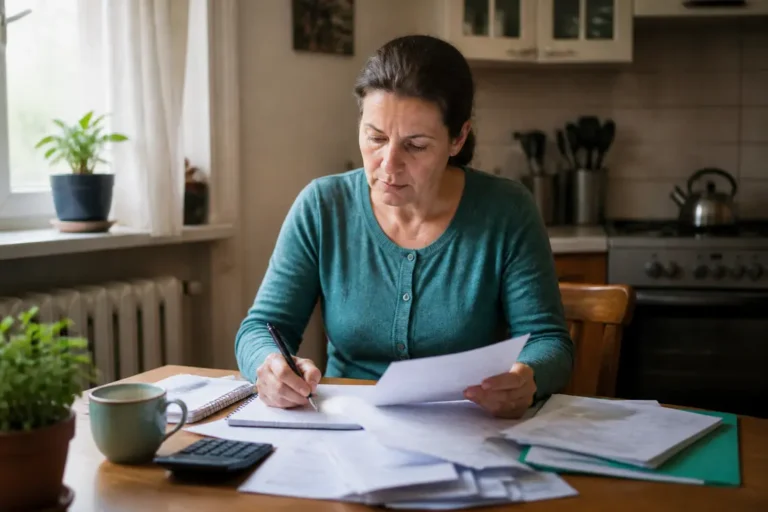 Femme analysant ses factures et notes sur une table pour apprendre comment vivre en dessous de ses moyens